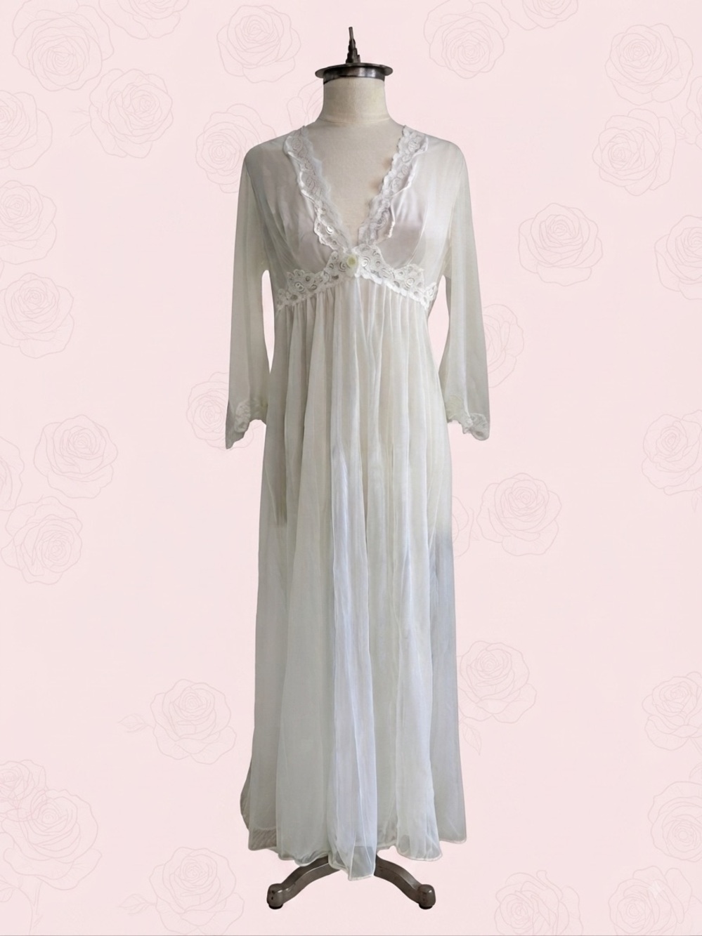 Slumber Suzy Vintage Sheer Lace-Trim Maxi Nightgown / Negligee